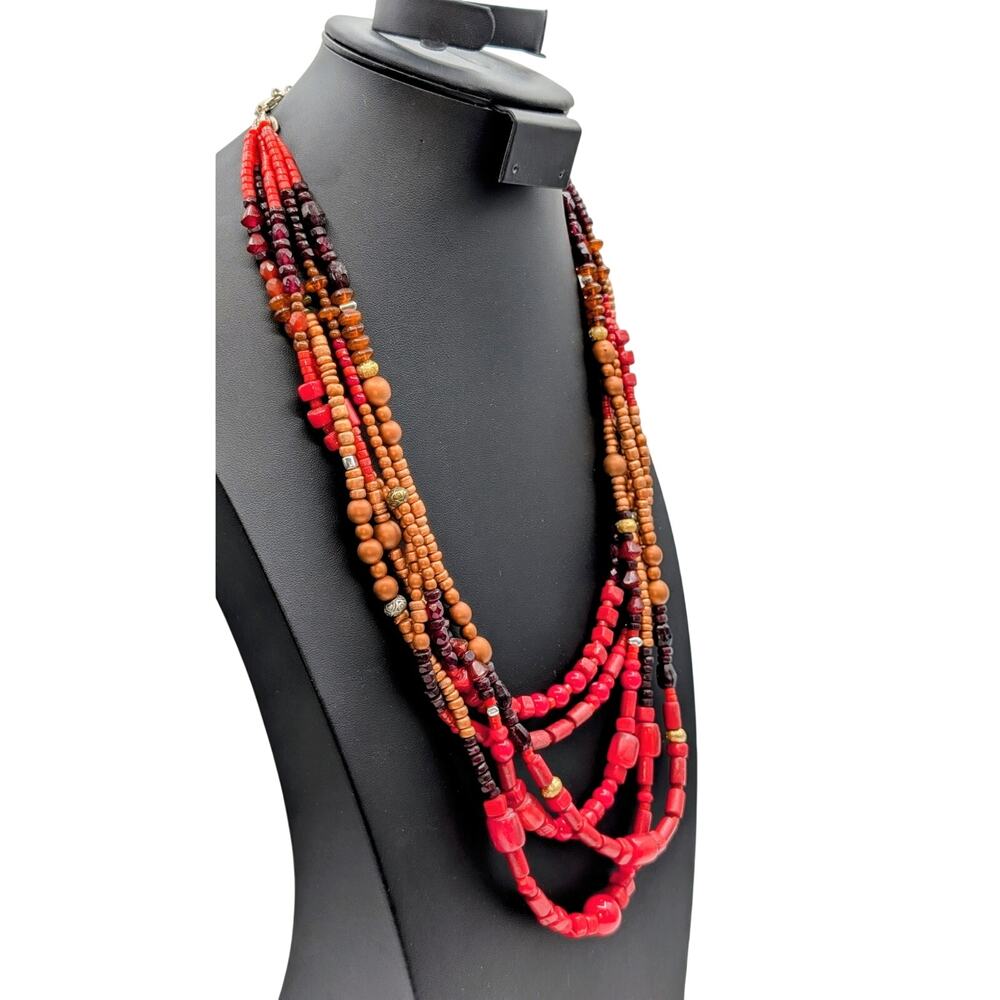 Chico's Five Strand Red Gold Silver Bronze Purple Stone Bead 22"-26" Necklace - Picture 3 of 11